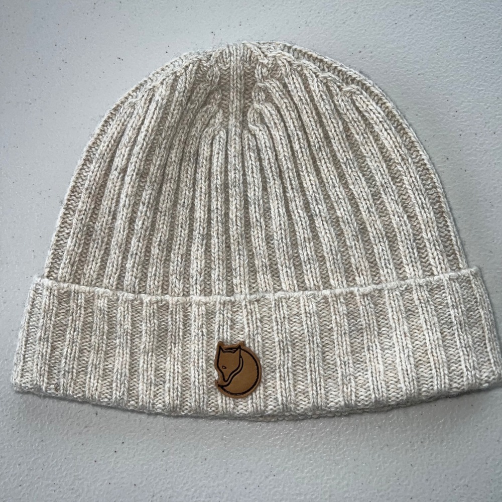 Knit Beanie Hat in Light Cream with Fox Patch